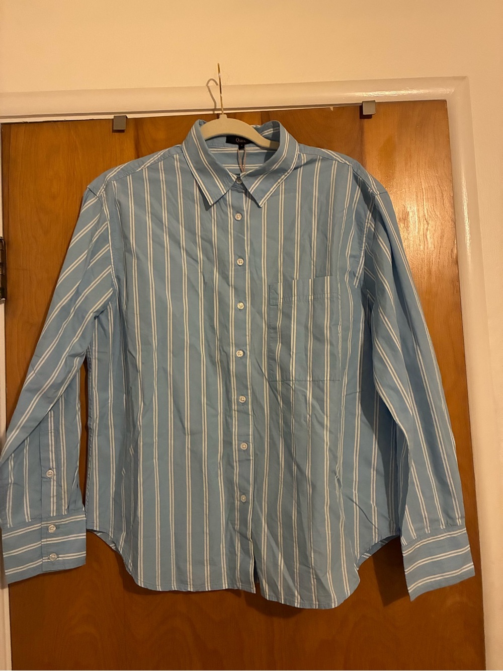 New Quince Cotton Poplin Long Sleeve Boyfriend Shirt Delta Blue Double Stripe - Picture 4 of 7